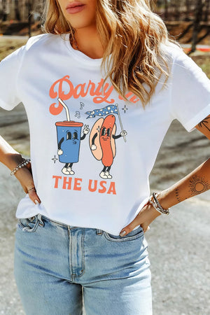 White polyester t-shirt with retro patriotic graphic of a hot dog and drink saying Party Like The USA