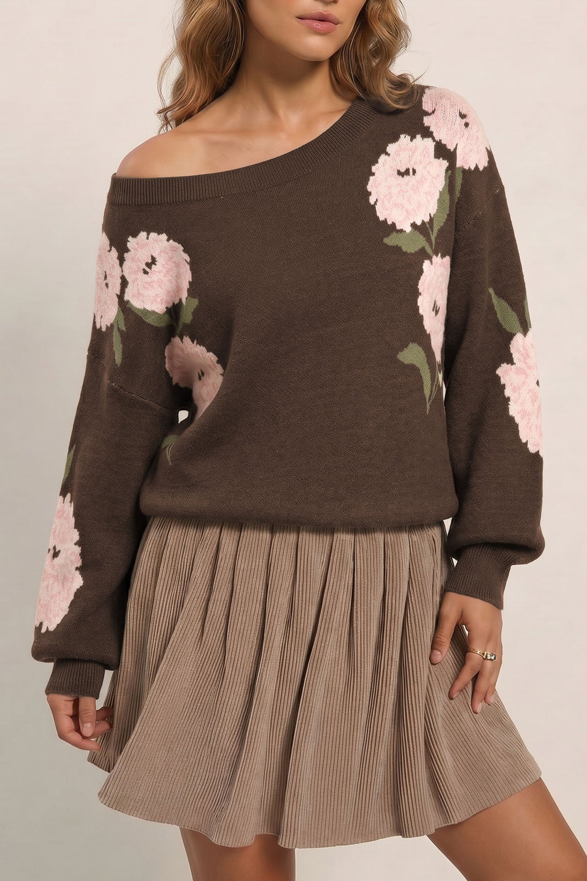 Floral Print Drop Shoulder Relaxed Sweater in Dark Brown, view 13
