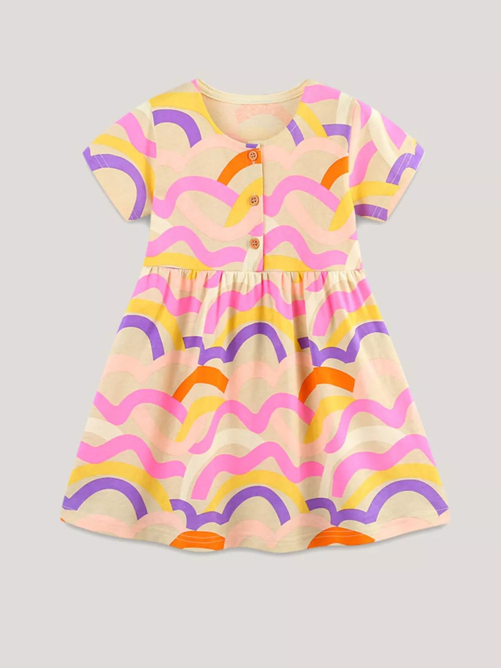 Toddler abstract print dress with short sleeves and button front, made of cotton blend.
