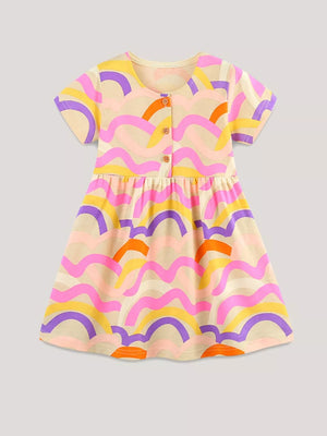 Toddler abstract print dress with short sleeves and button front, made of cotton blend.