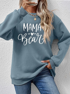 Light Blue Mama Bear graphic sweatshirt with crewneck and long sleeves.