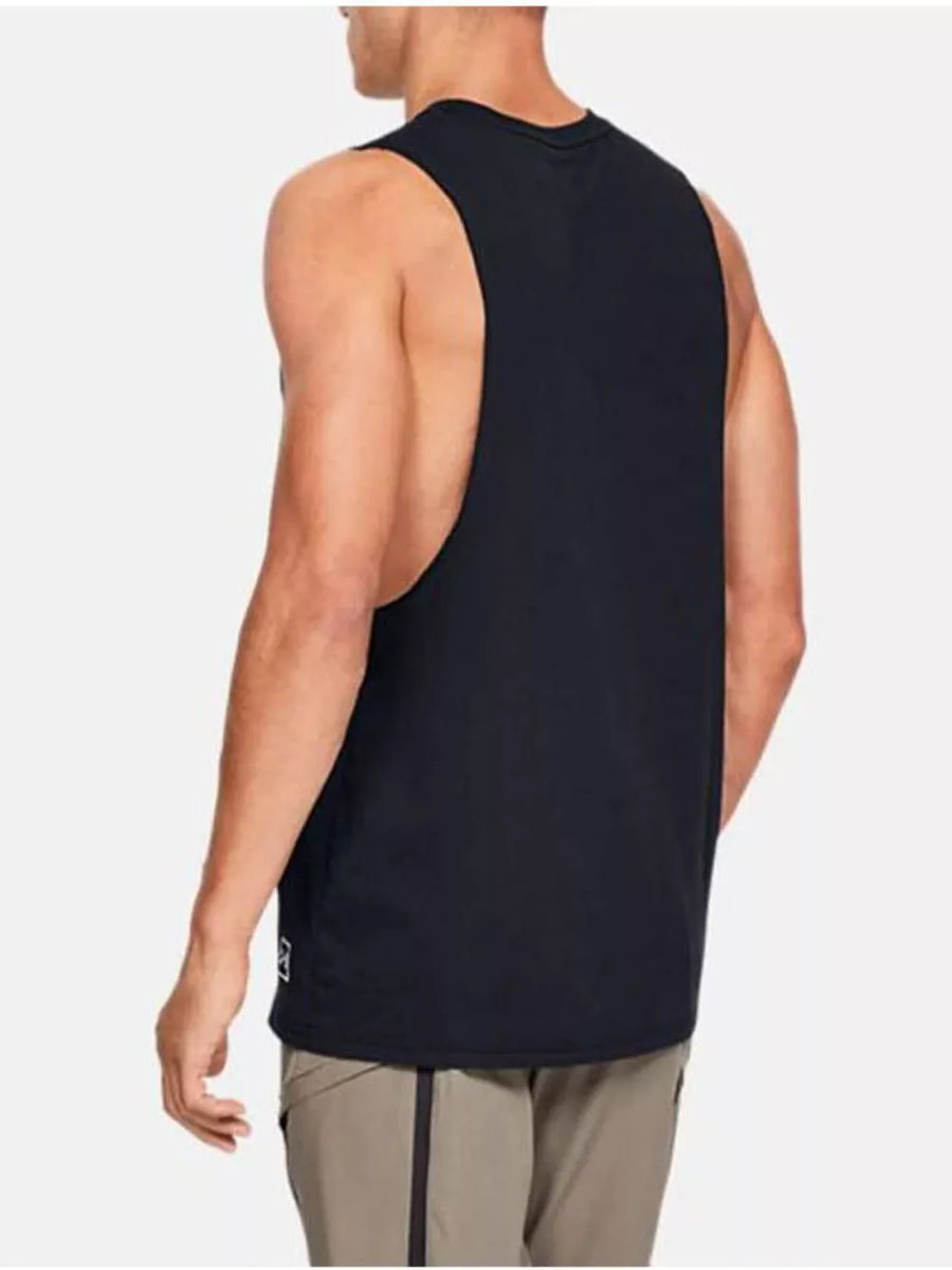 Black relaxed fit men's crew neck tank top with a small white logo detail on the hem.