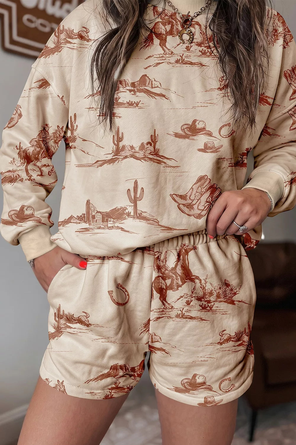 sepia brown sweatshirt featuring pocketed and western print