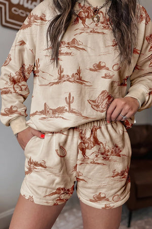 sepia brown sweatshirt featuring pocketed and western print