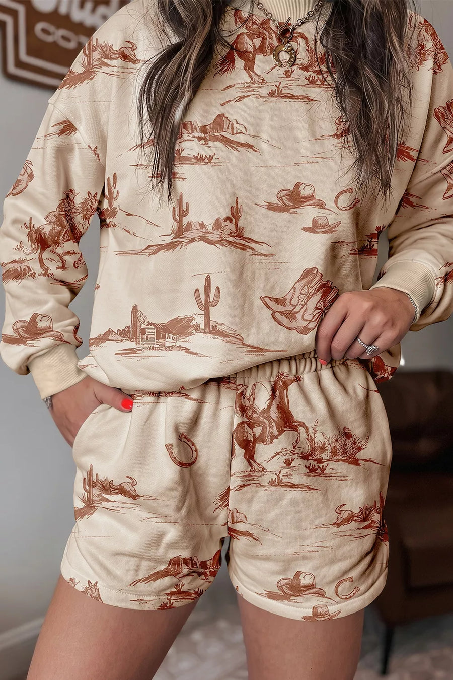 sepia brown sweatshirt featuring pocketed and western print