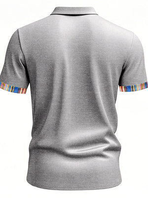 Men's light gray cotton short sleeve polo shirt with colorful striped trim on sleeves.