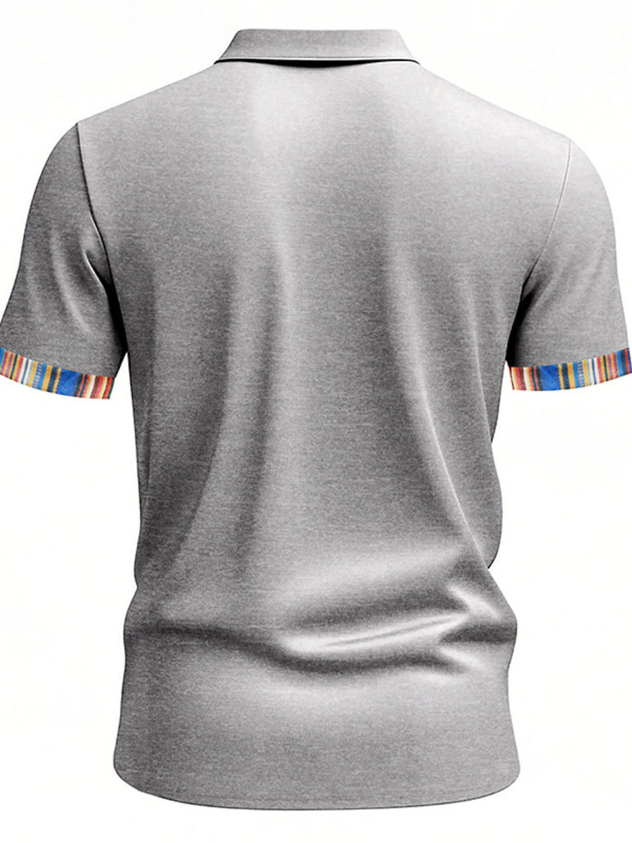 Men's light gray cotton short sleeve polo shirt with colorful striped trim on sleeves.