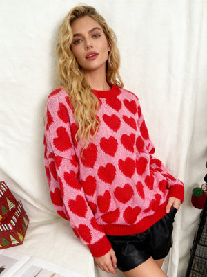 Pink Brown pullover sweater with hip-length and pullover