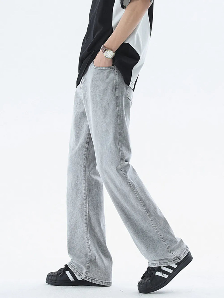 Light gray relaxed fit cotton jeans for men with a straight leg cut.
