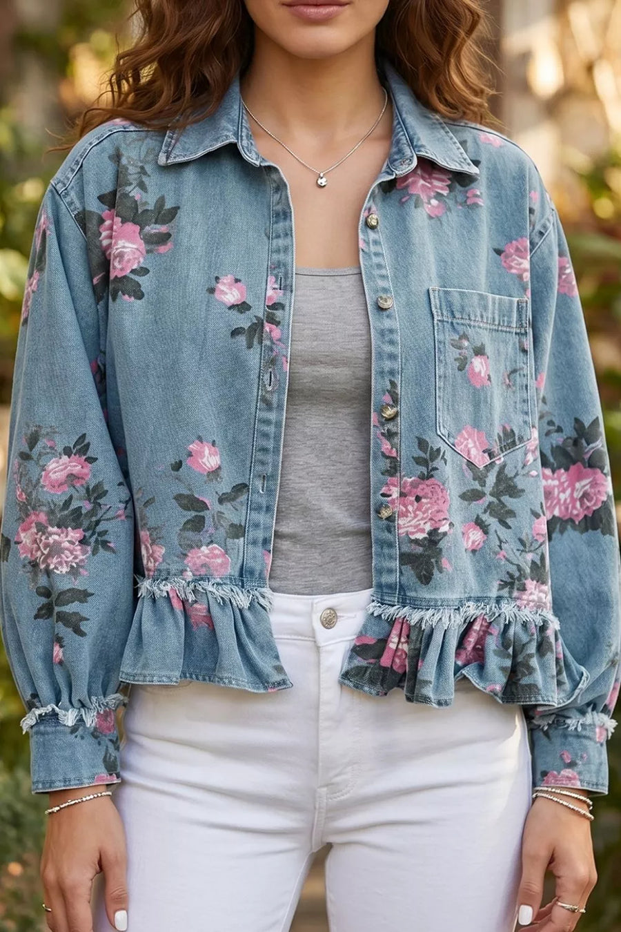 Floral Print Denim Jacket With Ruffled Hem option 5