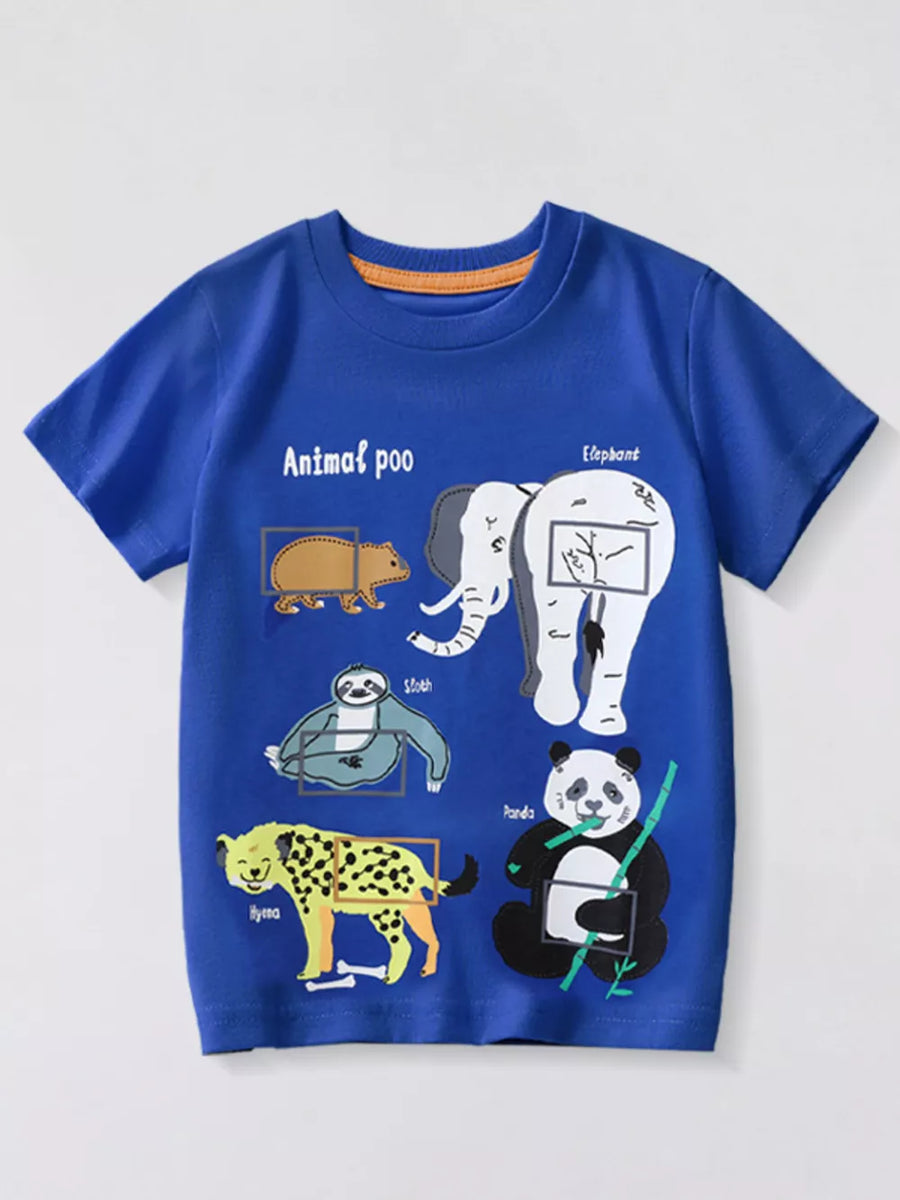 Blue short sleeve t-shirt with animal poo graphic print and orange trim collar.
