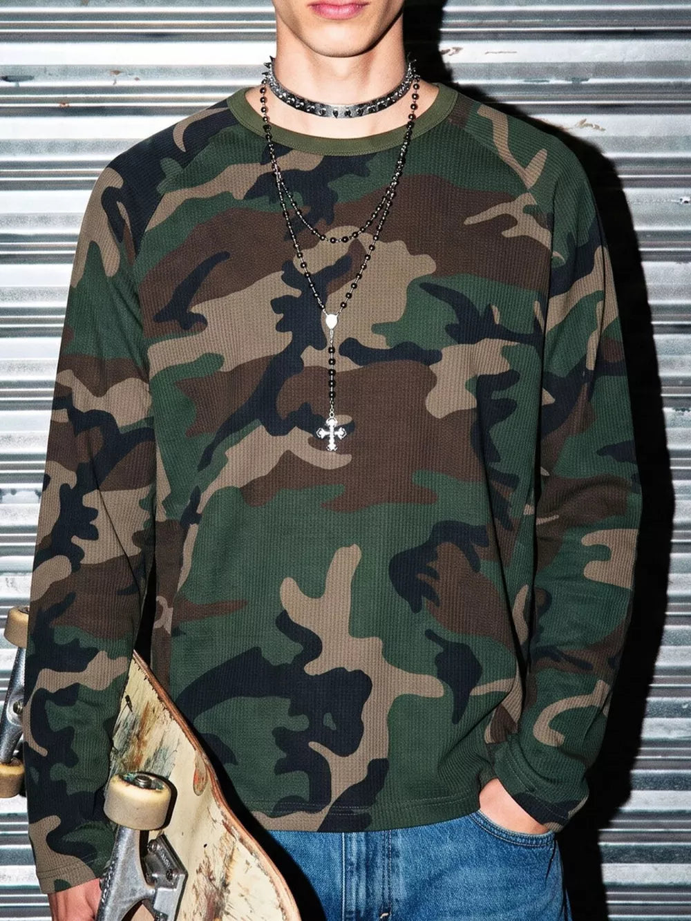 olive green t-shirt with camo and crew neck