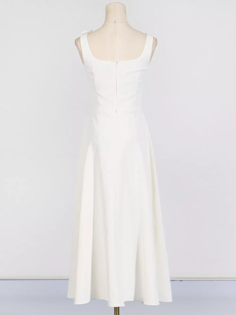 White sleeveless square neck maxi dress with tie shoulder detail