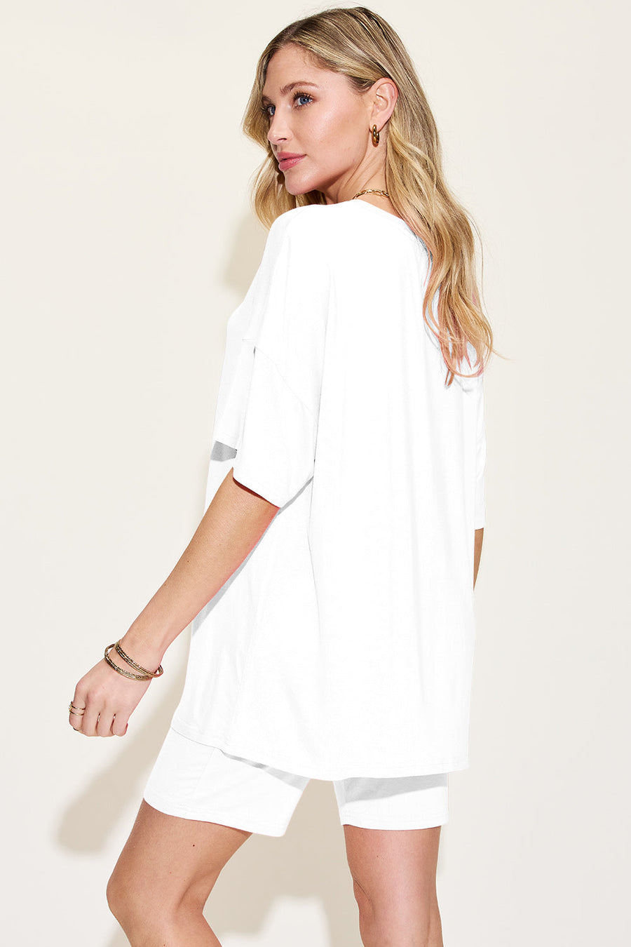 White bamboo loungewear set with relaxed fit tee and shorts.