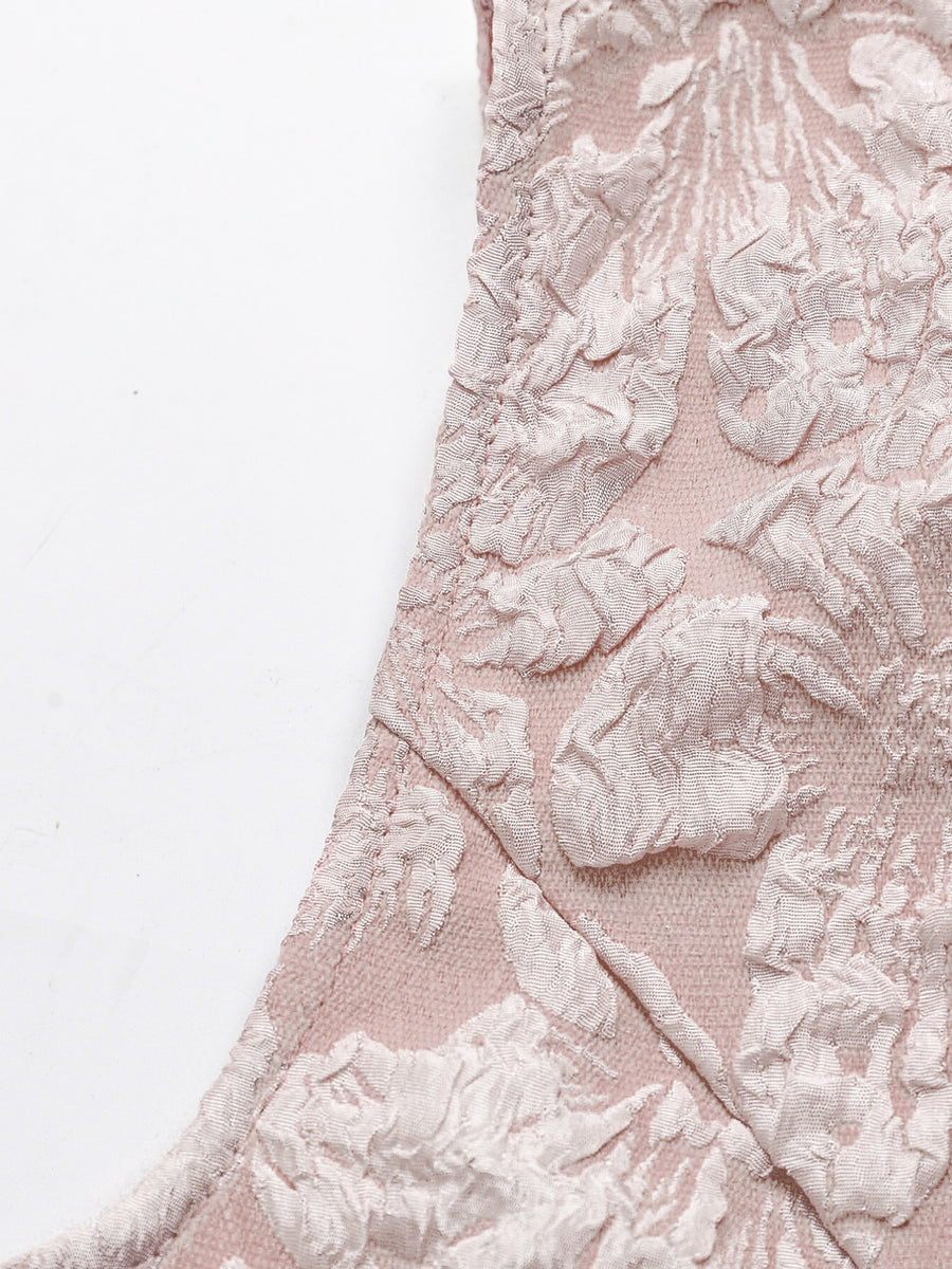 Dusty pink textured floral peplum tank top with a boat neckline.