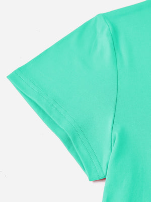 Aqua crewneck t-shirt with short sleeves and double-stitched hem detail.