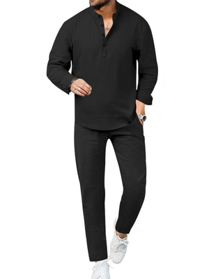 Black linen henley shirt and pants set with button detail and long sleeves.