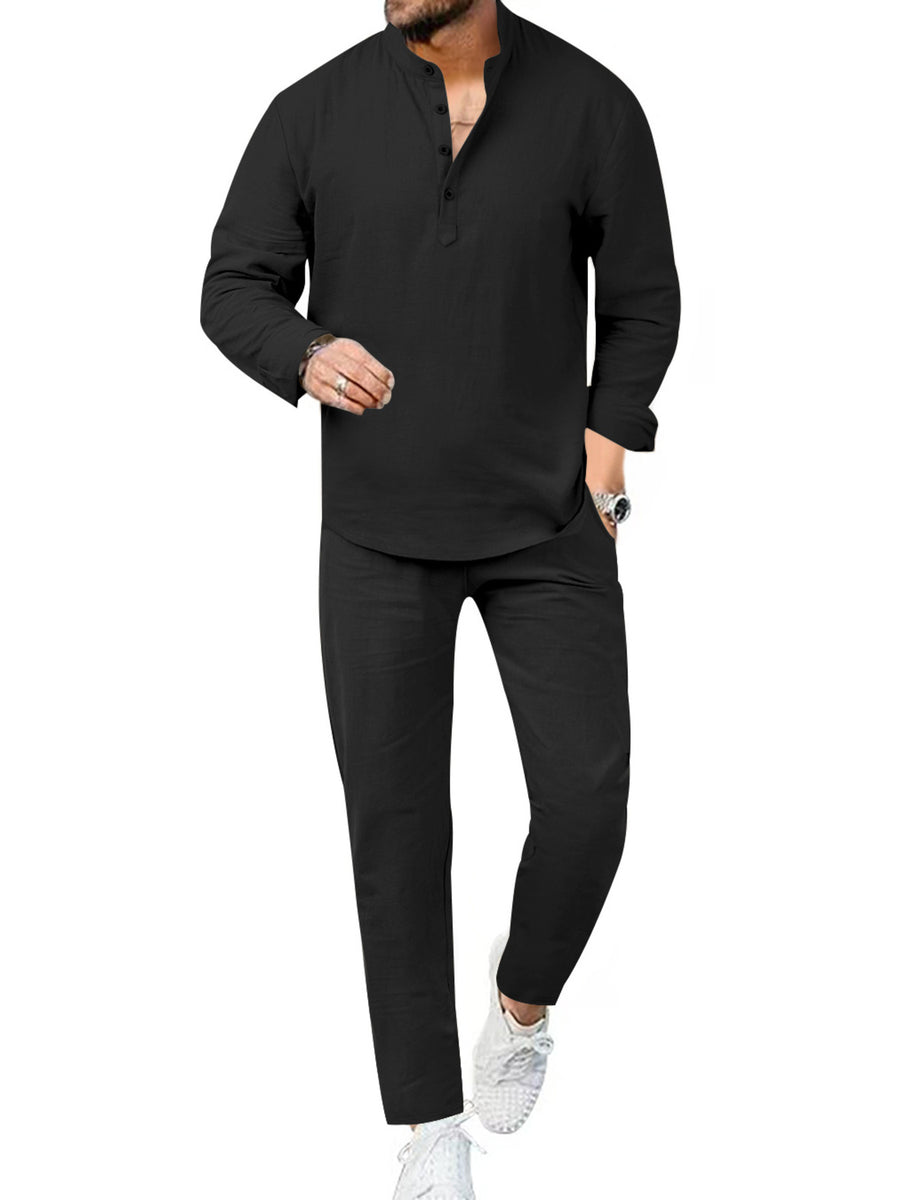 Black linen henley shirt and pants set with button detail and long sleeves.