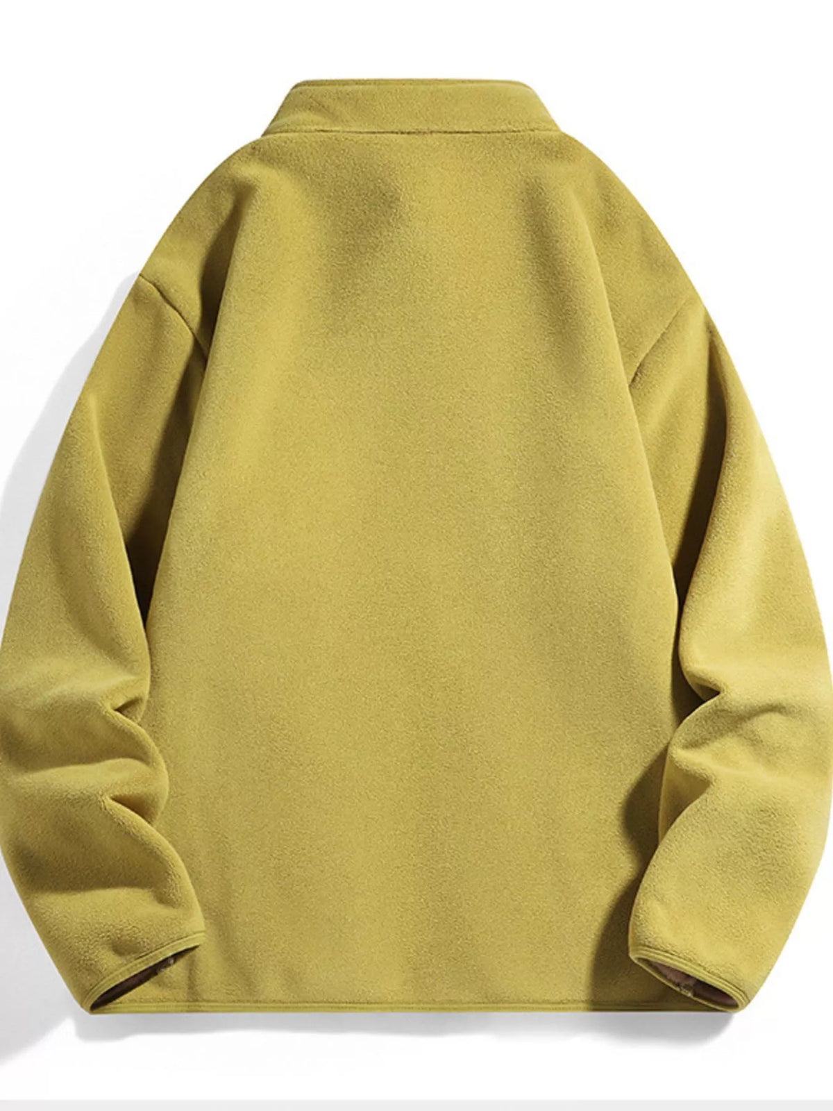 Fleece lined zip-up jacket in mustard yellow with a stand-up collar.