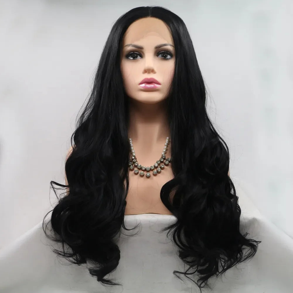 Black lace front wig with long, wavy hair styled on a mannequin.