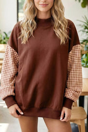 chocolate brown sweatshirt with color-block and mock neck