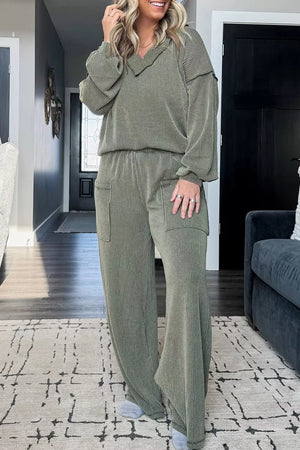 Sage lounge set featuring waffle-knit and ribbed