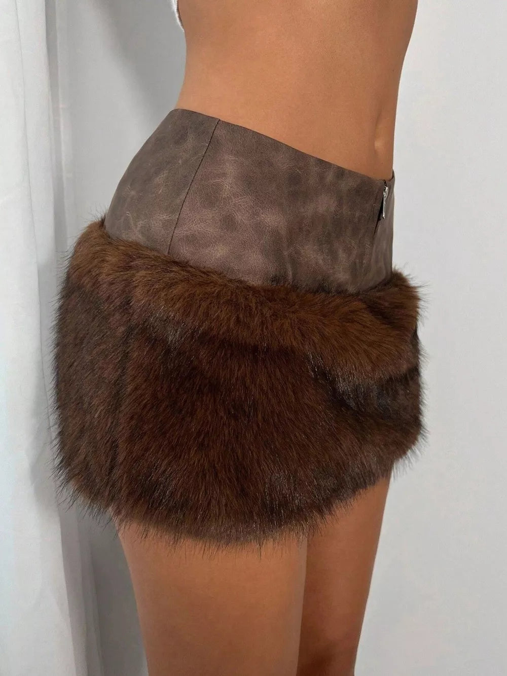 Faux Fur Trim Mini Skirt in Brown
