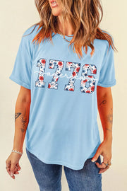 Blue cotton t-shirt with 1776 floral print and relaxed fit