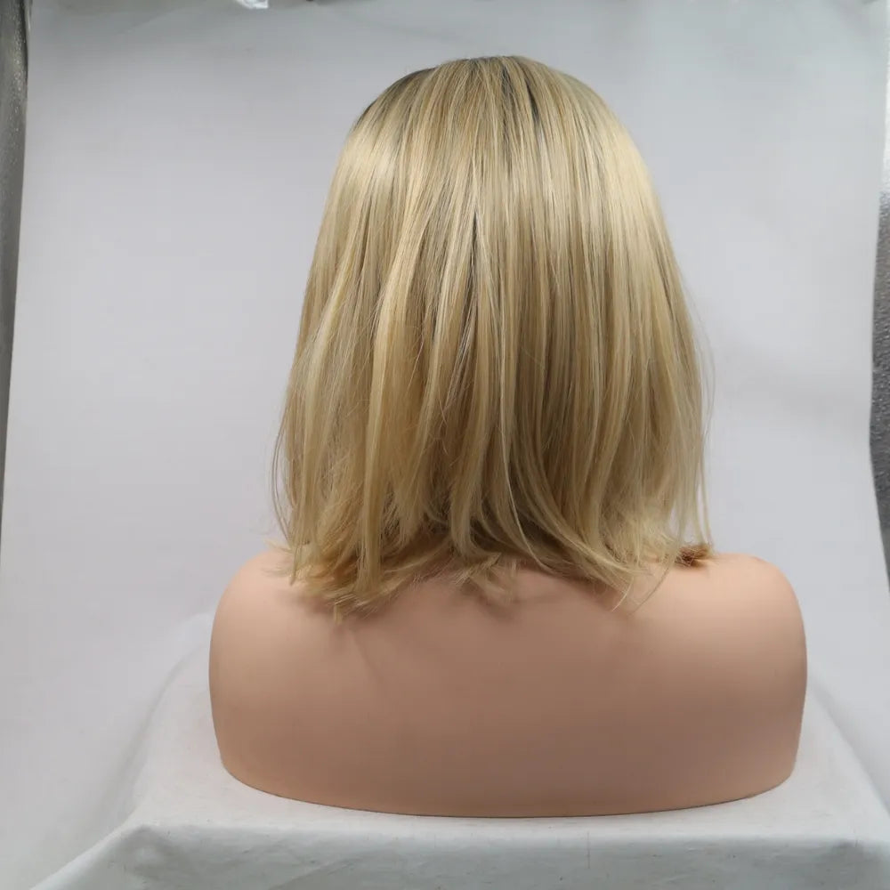Ombre bob lace front wig in brown and khaki, shown from the back.