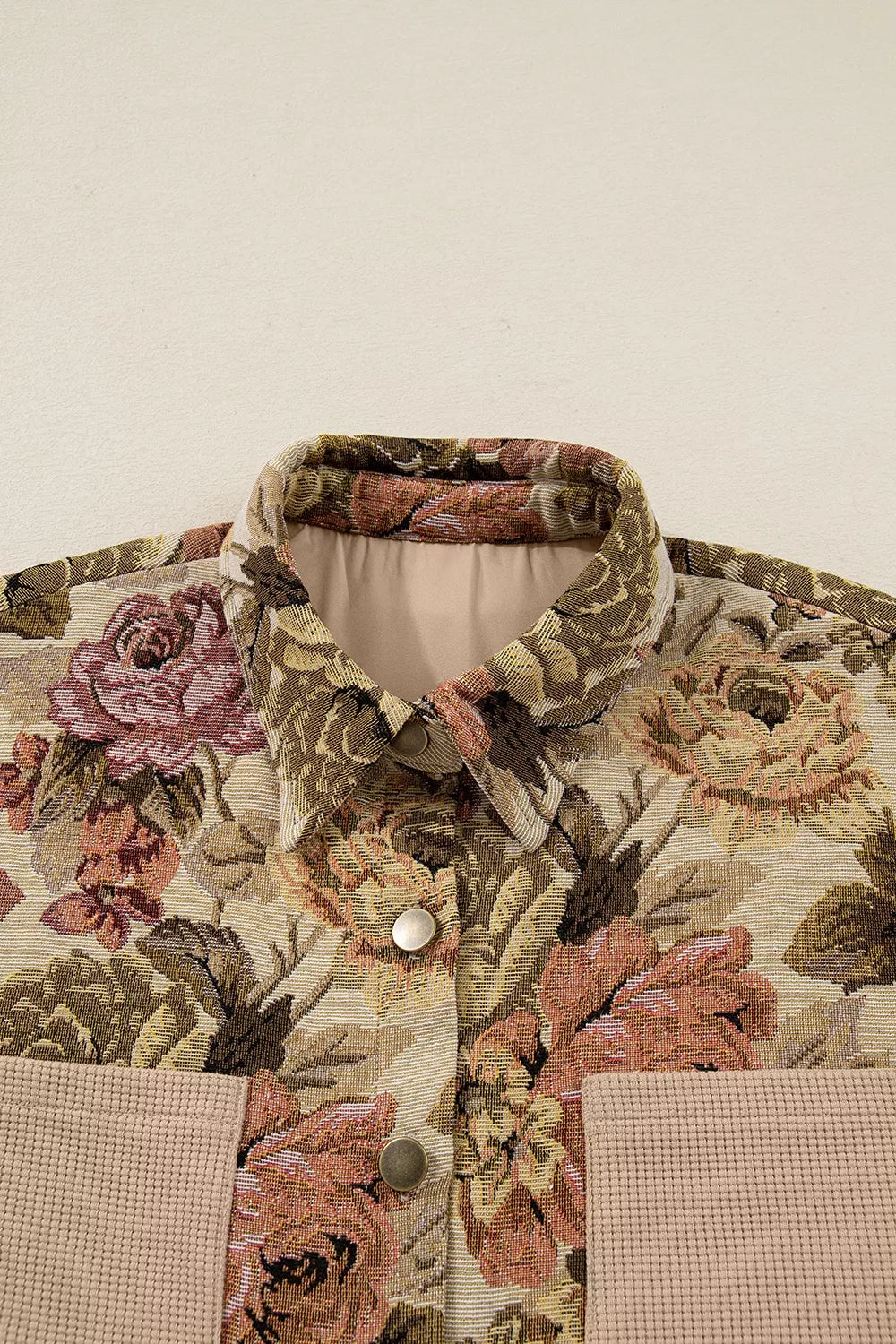 shacket featuring floral in Khaki with 100% polyester Care instructions: Machine wash cold texture