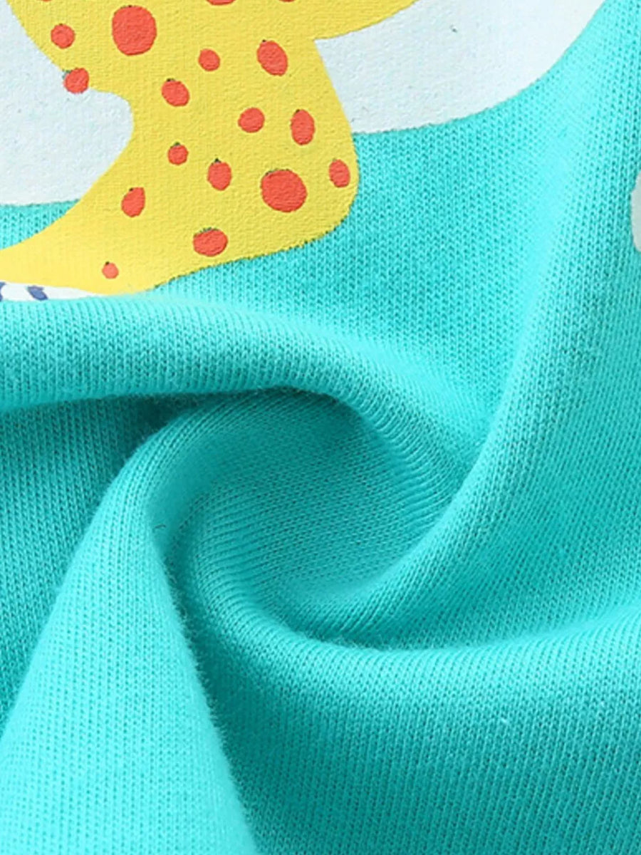 Toddler boys' blue cotton tee with yellow and orange spotted dinosaur graphic detail.
