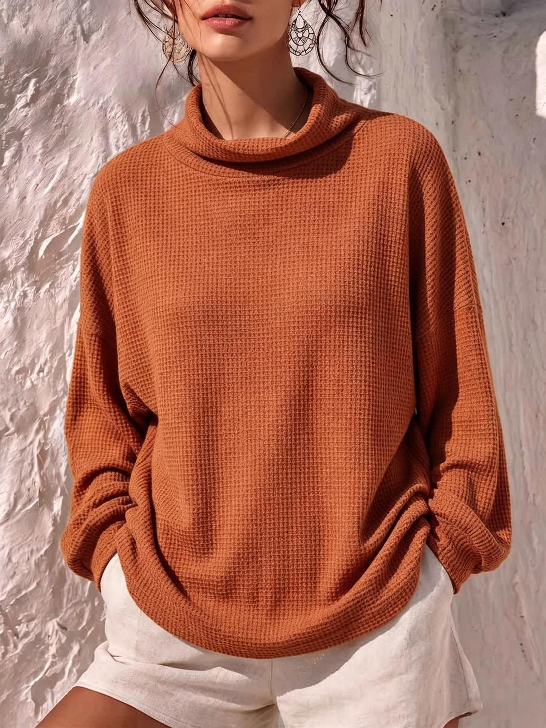 rust t-shirt with waffle knit and mock neck