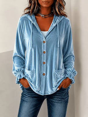 Sky Blue hoodie with hip-length and button-front