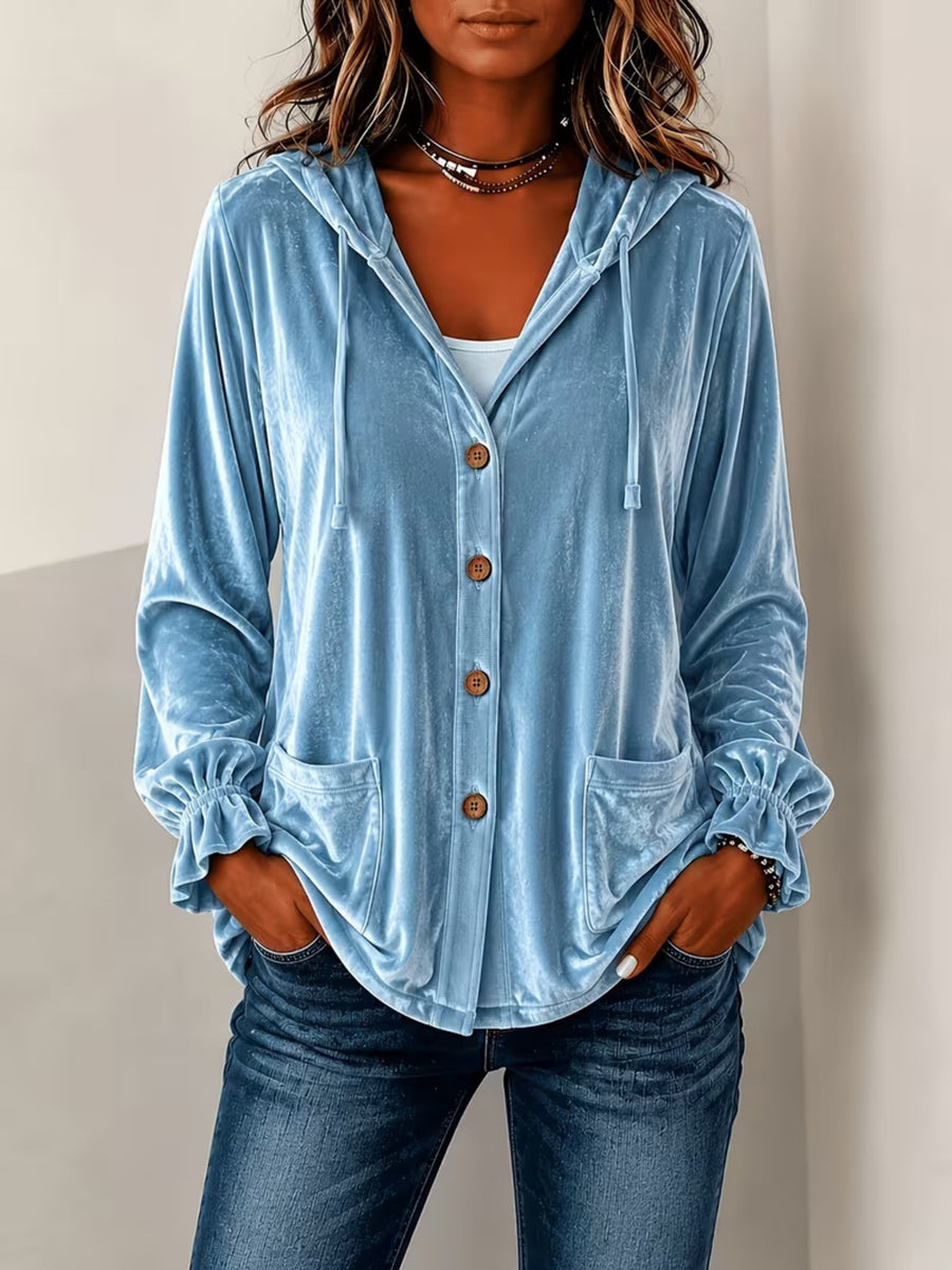 Sky Blue hoodie with hip-length and button-front