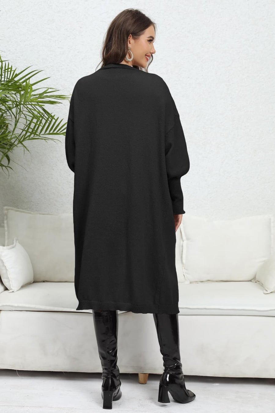 Black long cardigan with balloon sleeves and pockets