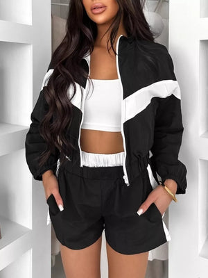 Zip Up Long Sleeve Outerwear And Shorts Set option 7
