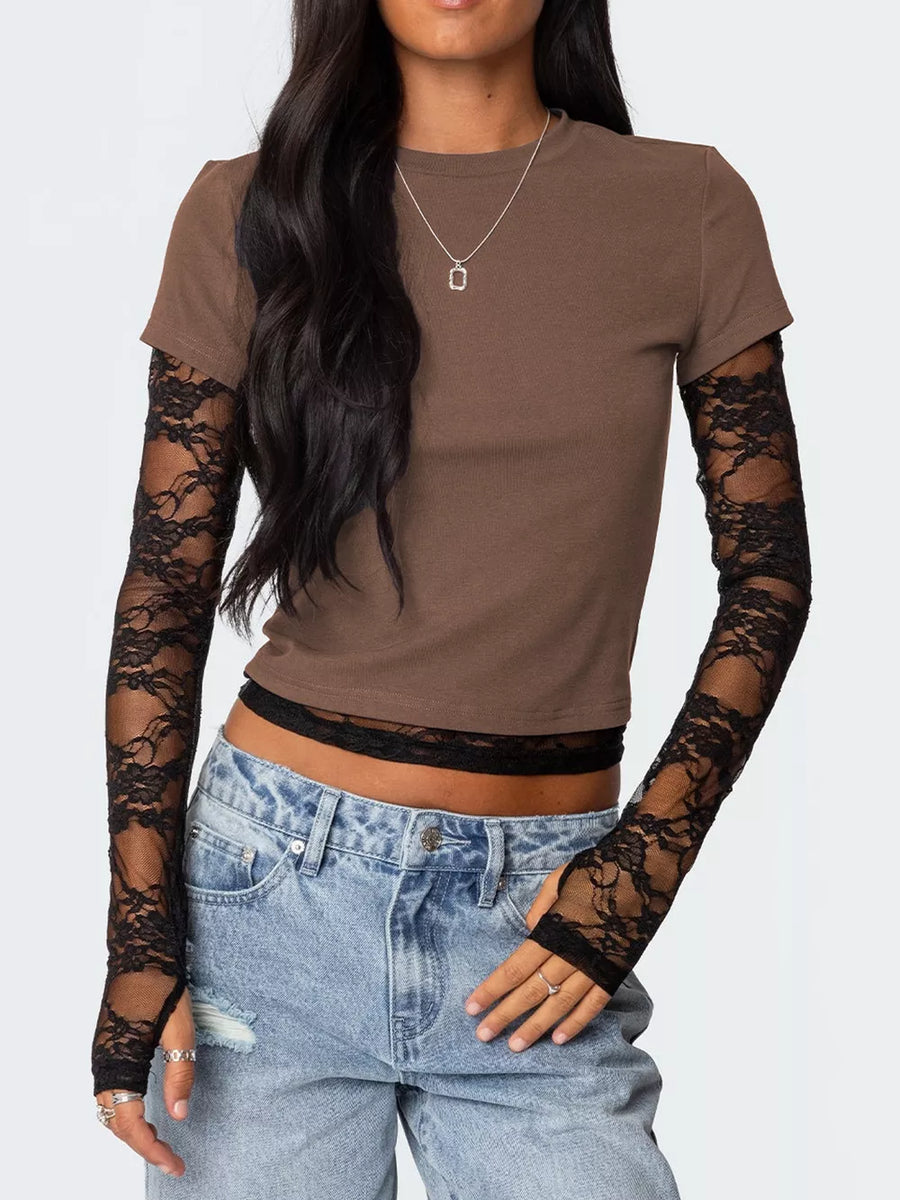 Brown cropped t-shirt with black lace sleeves and fingerless gloves.