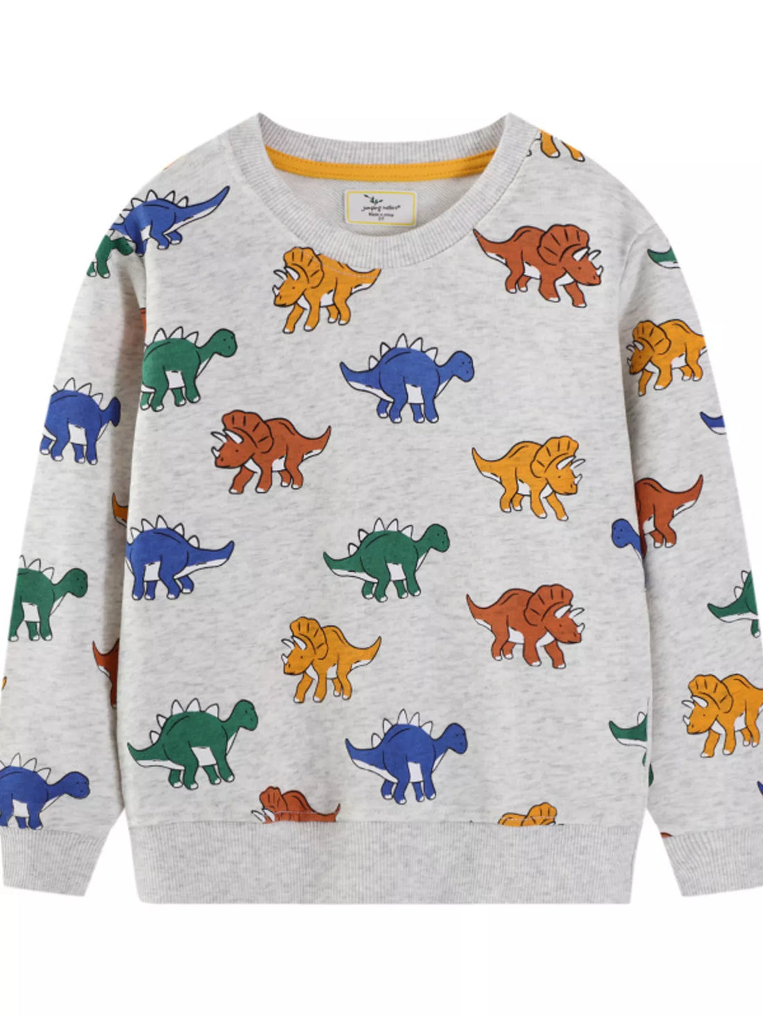 Light gray crew neck sweatshirt with allover dinosaur print.
