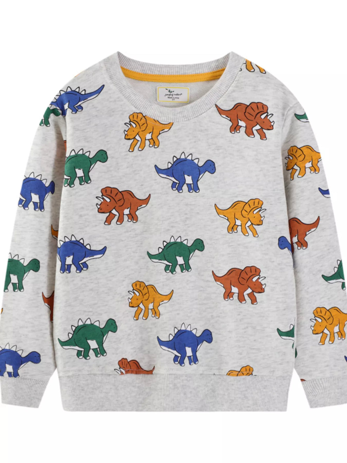 Light gray crew neck sweatshirt with allover dinosaur print.