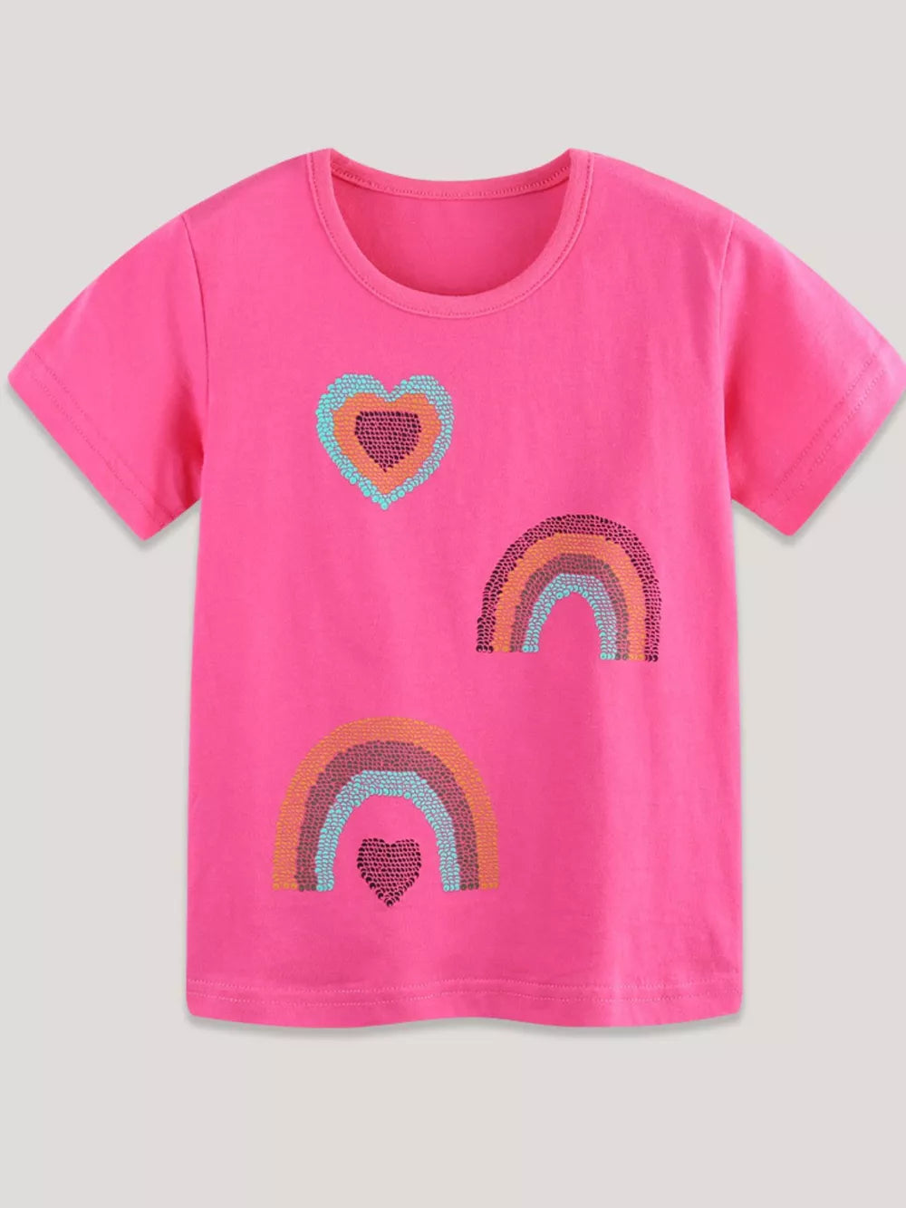 Bright pink cotton crew neck t-shirt with sequin heart and rainbow appliques.