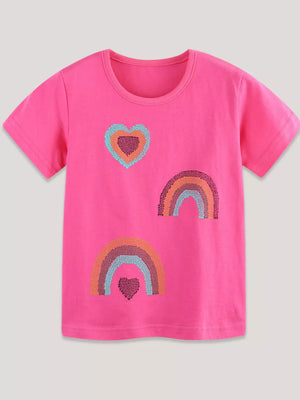 Bright pink cotton crew neck t-shirt with sequin heart and rainbow appliques.
