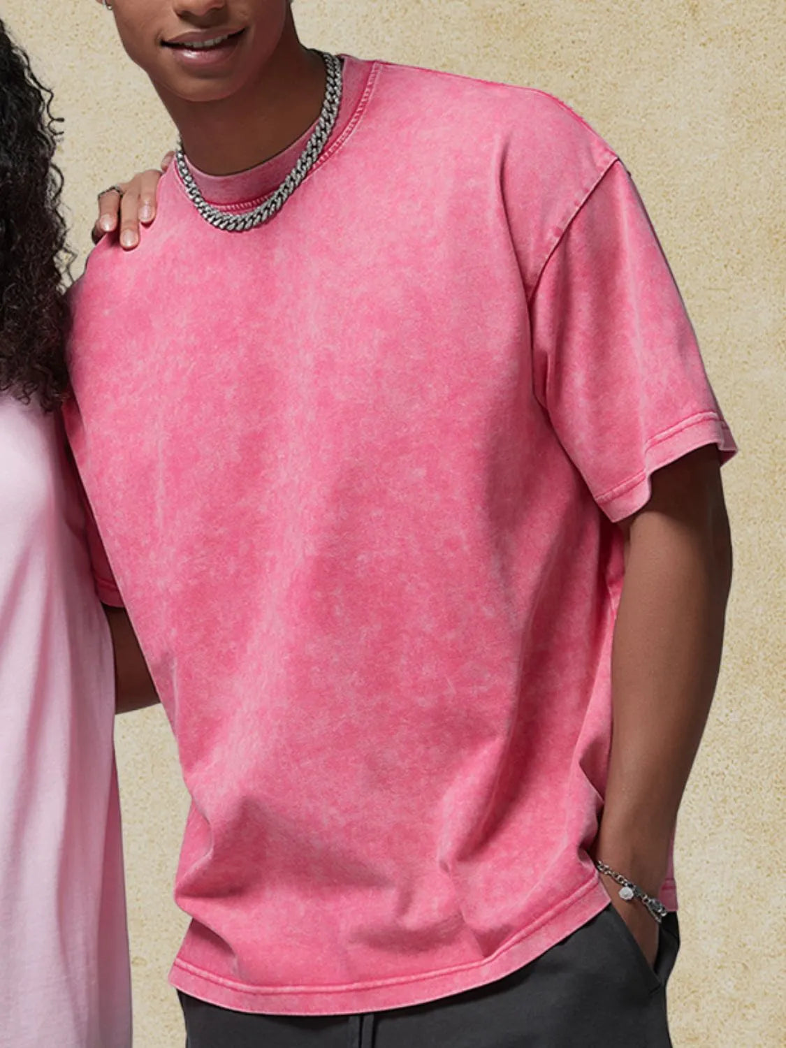 Acid wash oversized tee in hot pink with a crew neck and short sleeves.