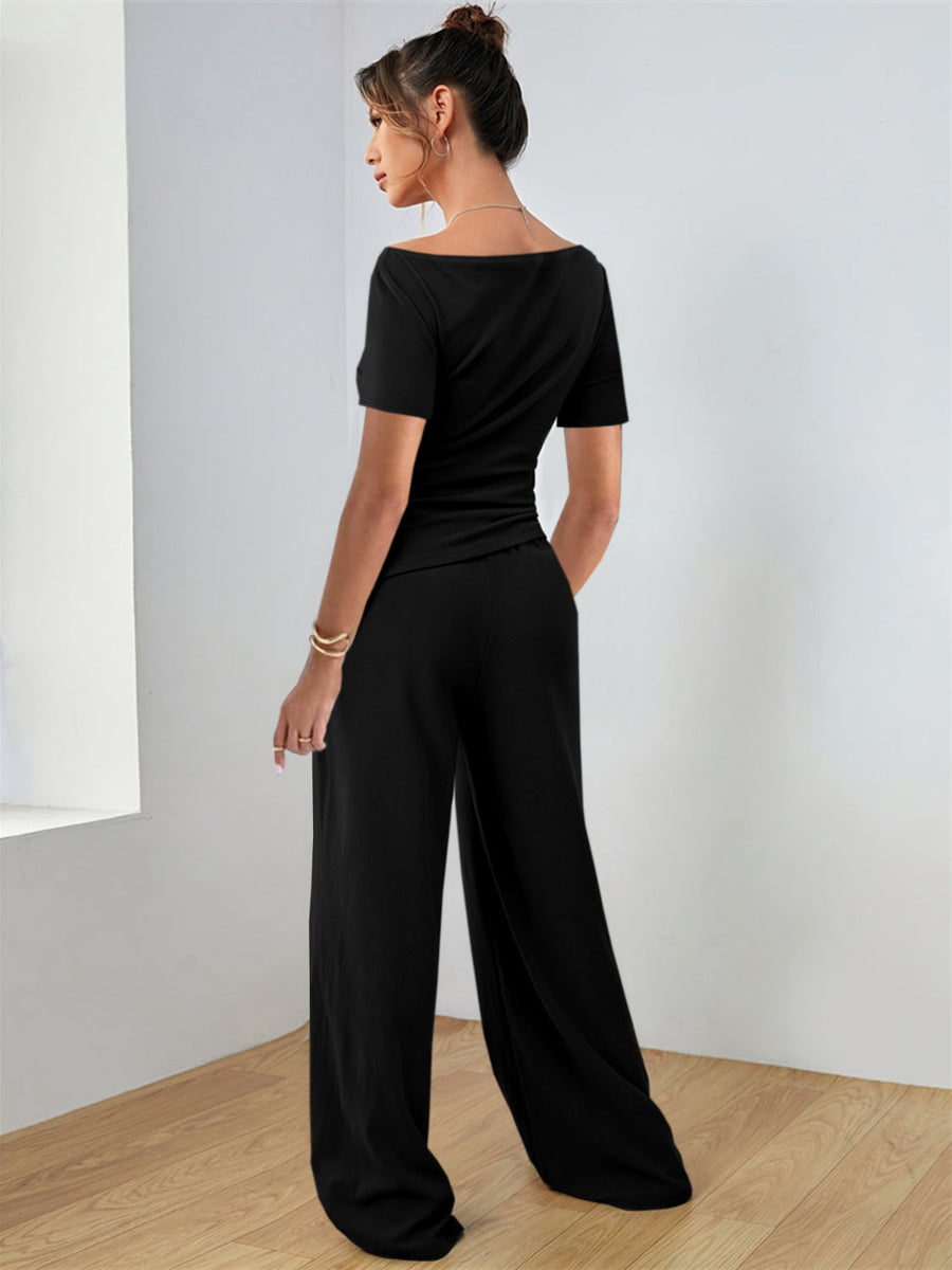 Black boat neck jersey co-ord set with wide leg pants