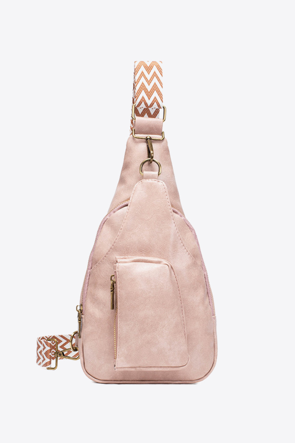 Pink textured sling bag with woven strap detail and front zip pocket.