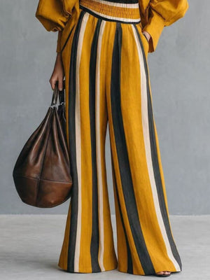 Beige relaxed, flared blouse and wide-leg pants set with mock neck