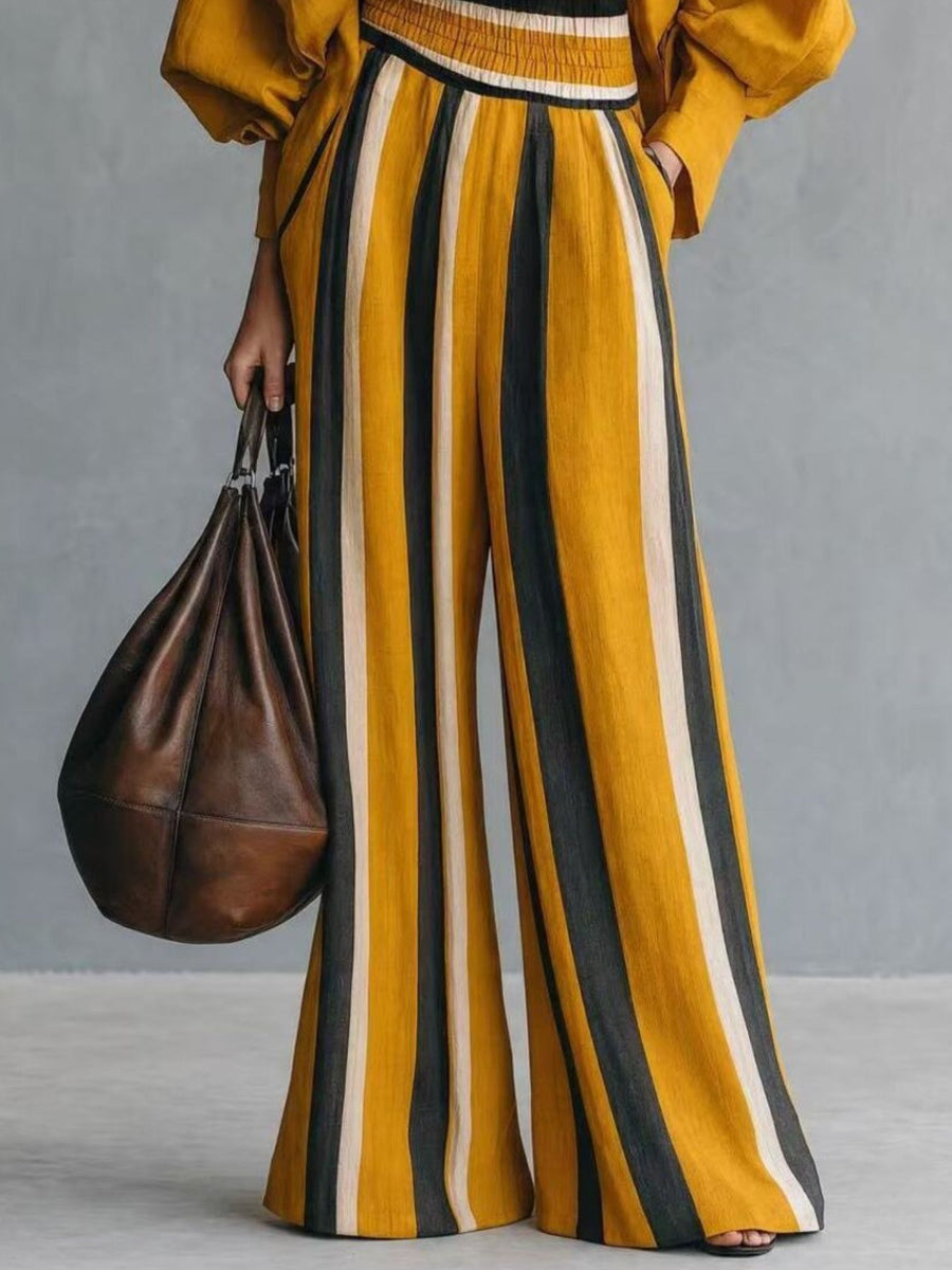 Beige relaxed, flared blouse and wide-leg pants set with mock neck