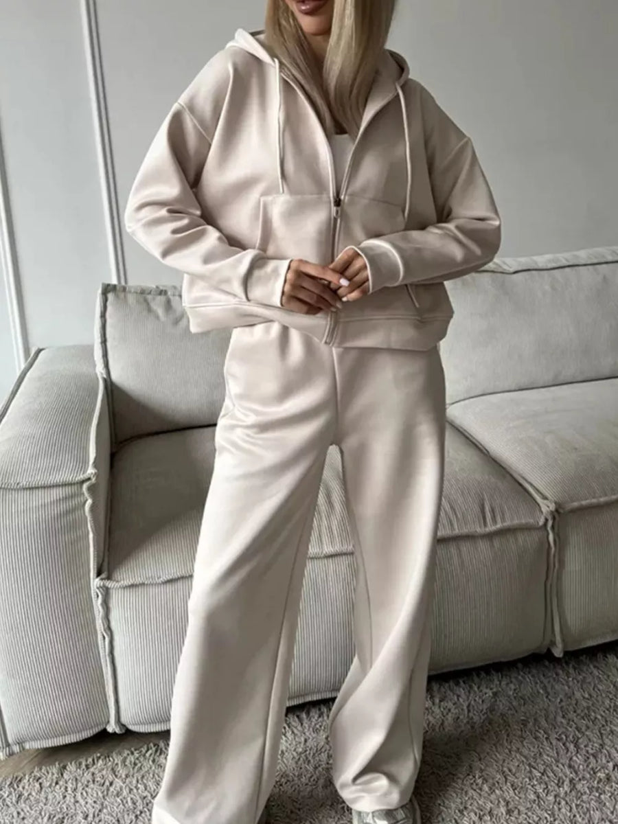 lounge set in light beige featuring drawstring and relaxed, wide-leg fit