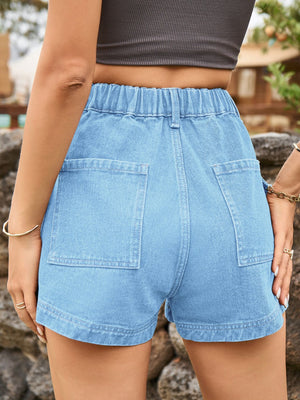 Light blue denim cargo shorts with elastic waistband and patch pockets.