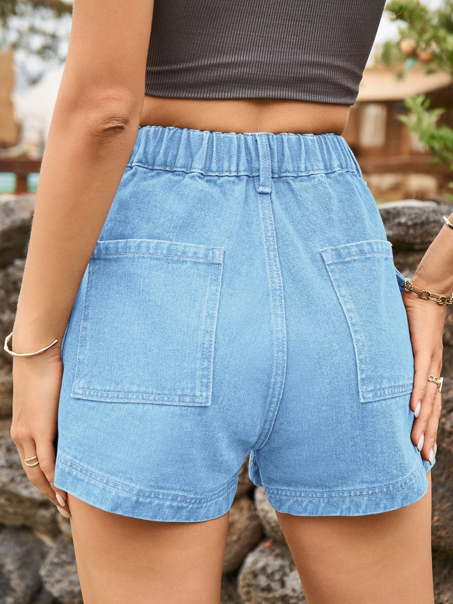 Light blue denim cargo shorts with elastic waistband and patch pockets.