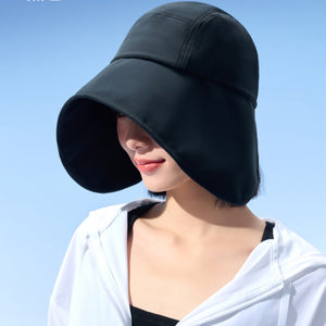 Black wide brim sun hat with a large brim for UV protection.